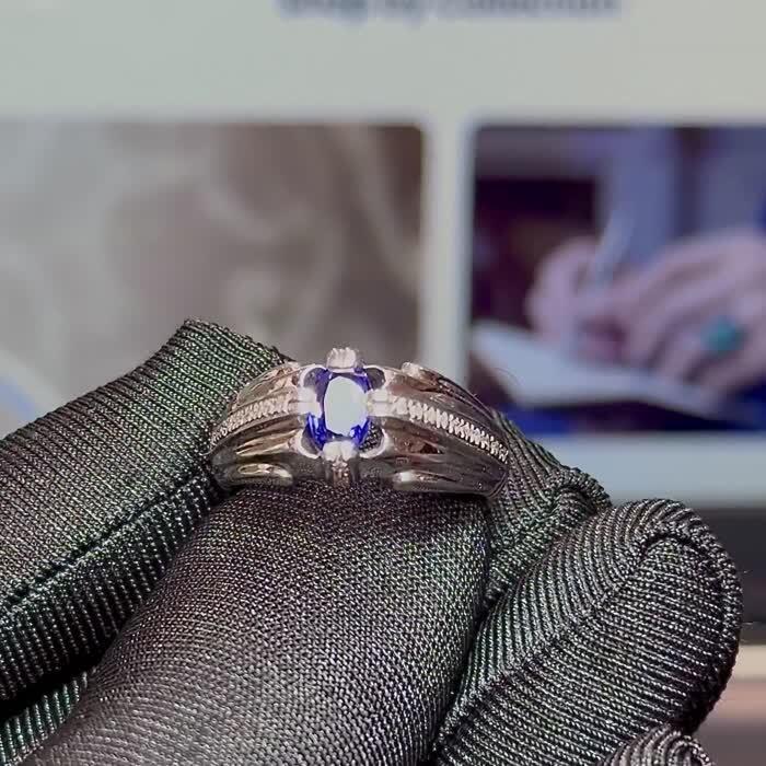 Natural 0.85 Ct. Heated Ceylon Blue Sapphire & Natural Diamonds Handmade Silver Men's Ring image 1