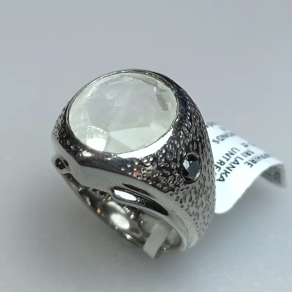 Natural 9.93 Ct. Colorless Sri Lankan Sapphire, Untreated with Natural Black Diamonds – Handmade Silver Men's Ring image 0