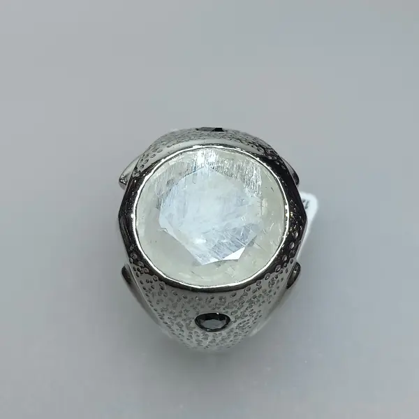 Natural 9.93 Ct. Colorless Sri Lankan Sapphire, Untreated with Natural Black Diamonds – Handmade Silver Men's Ring image 1