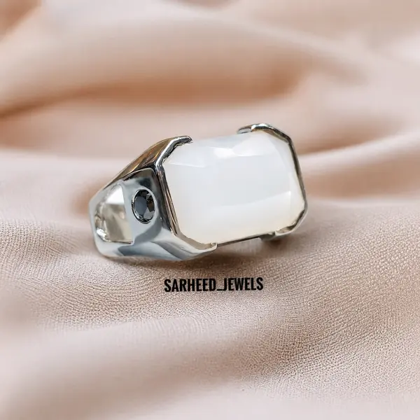 Natural 7.12 ct. Moonstone & Natural Black Diamonds Silver Men Ring image 0