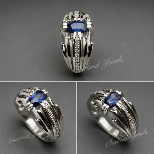 Natural 0.85 Ct. Heated Ceylon Blue Sapphire & Natural Diamonds Handmade Silver Men's Ring image 0