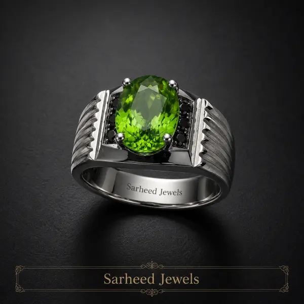 Natural 3.78 Ct.  Peridot & Natural Black Diamonds Silver Men's Ring image 0