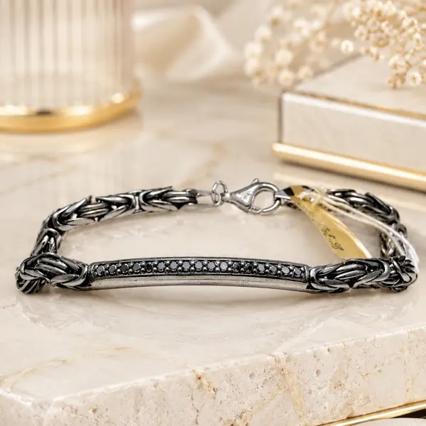Royal Black Natural Diamonds Bracelet Byzantine Silver 925 ( Black Rhodium ) image 0