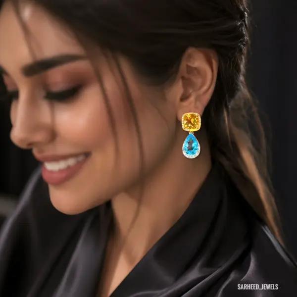 Natural Blue Topaz, Natural Citrine & Natural Diamonds 18K Yellow Gold Earrings image 2