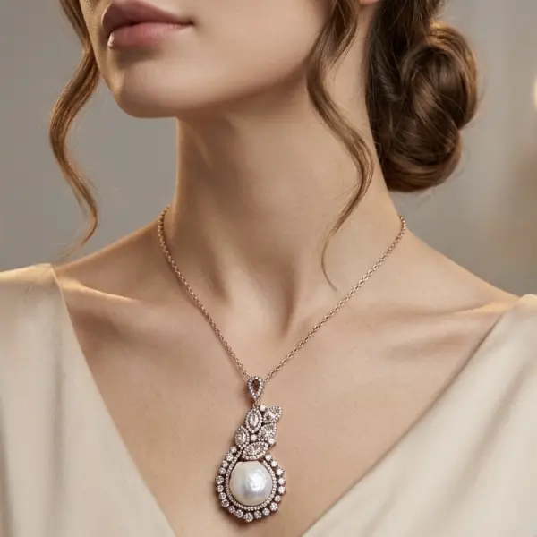 Natural Freshwater Cultured Baroque Pearl Necklace in 925 Sterling Silver with Cubic Zirconia, Rose Gold Plated image 1
