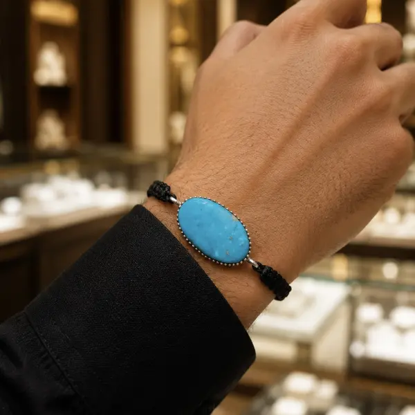 Natural Stabilized Blue Karaman Turquoise (Iran) Bracelet with 925 Silver Frame & Braided Cord – Unisex image 1