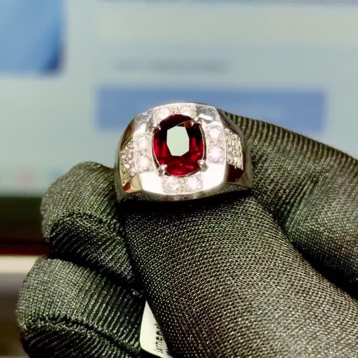 Natural Unheated Sri Lankan Red Garnet & White Cubic Zirconia Silver Men's Ring image 1
