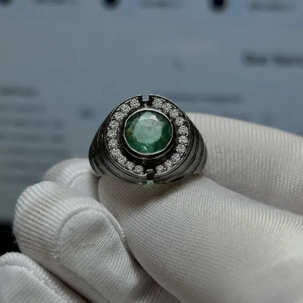 Natural 2.20 Ct. Zambian Emerald & Natural Diamonds Black Rhodium-Plated Silver Ring image 1