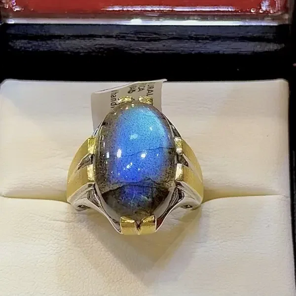 Natural Labradorite Handmade Silver Men's Ring with Gold-Plated Accents image 0