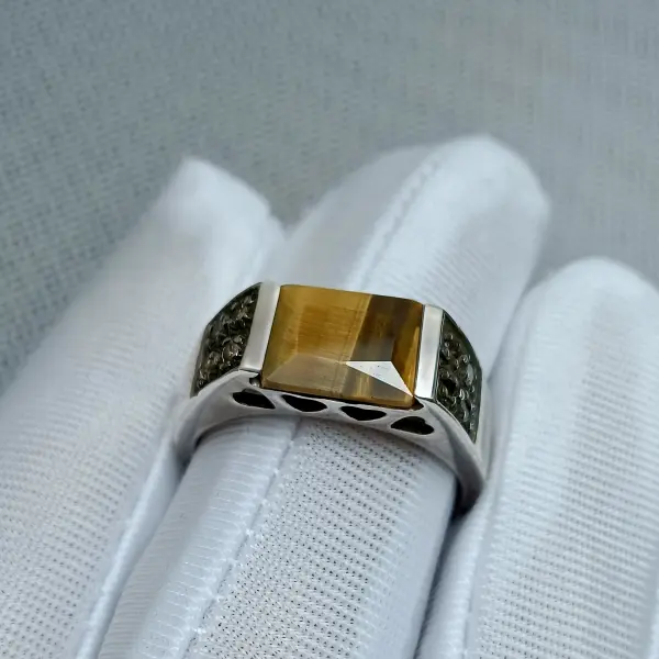 Natural 2.70 Ct. Indian Tiger's Eye & Natural Brown Diamonds Handmade Silver Men's Ring image 1