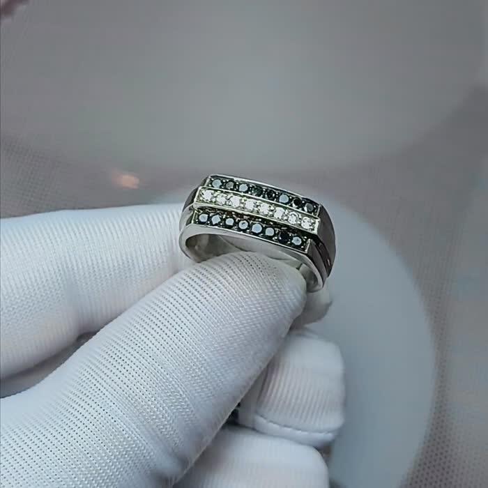 Natural White & Black Diamonds Handmade Silver Men's Ring image 1