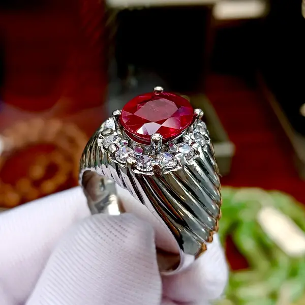 Natural 3.54 Ct. African Ruby & White Cubic Zirconia Handmade Silver Men's Ring image 0
