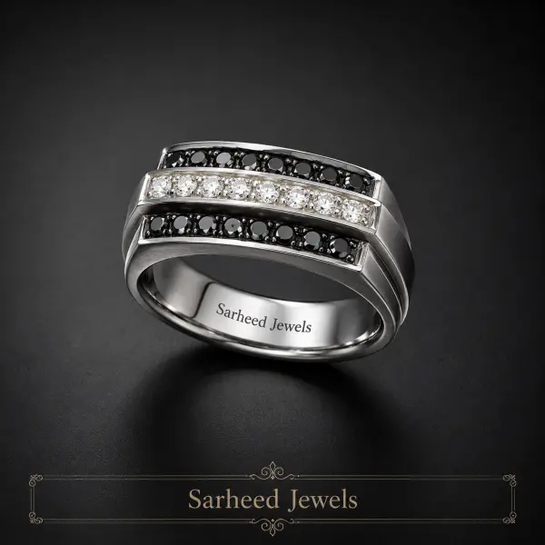 Natural White & Black Diamonds Handmade Silver Men's Ring image 0