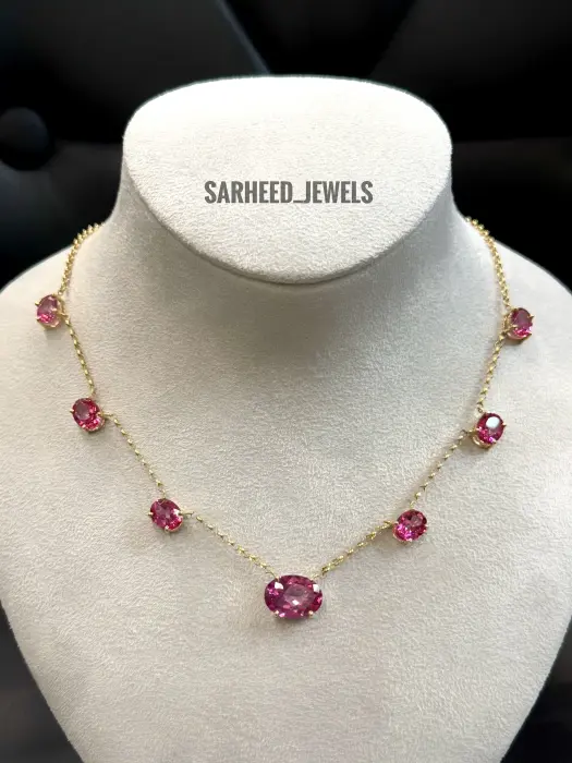 Natural 7 pcs. Pink Topaz 18K Yellow Gold Choker Necklace image 1