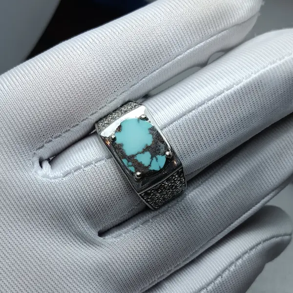 Natural 3.32 ct. Neyshabur Iran Turquoise & Cubic Zirconia Silver Ring image 0