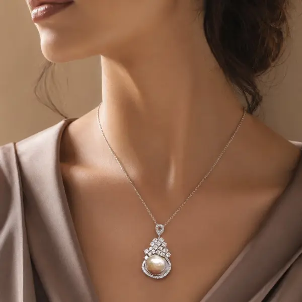 Natural Freshwater Cultured Baroque Pearl Necklace in 925 Sterling Silver with Cubic Zirconia image 1