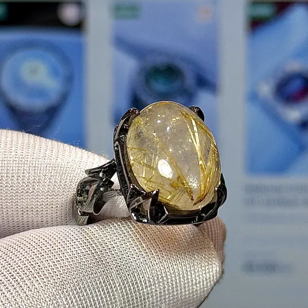 Natural Brazilian Golden Rutilated Quartz Black Rhodium-Plated Handmade Silver Men's Ring image 0