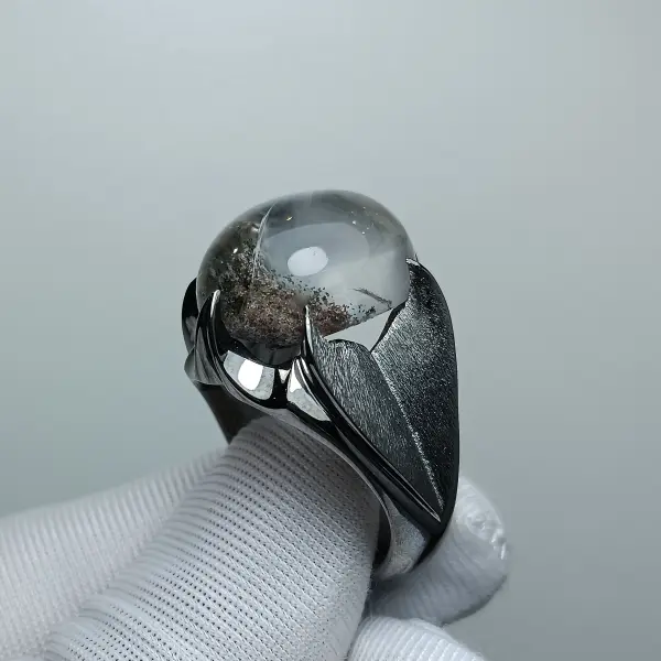 Natural Garden Quartz Silver Men Ring with Black Rhodium Plating image 0