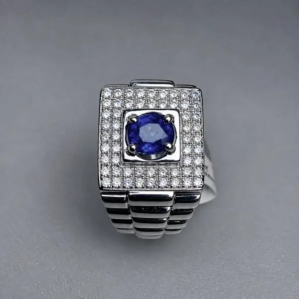 Natural 1.65 Ct. Sri Lankan Blue Sapphire & Cubic Zirconia Handmade Silver Men's Ring image 1