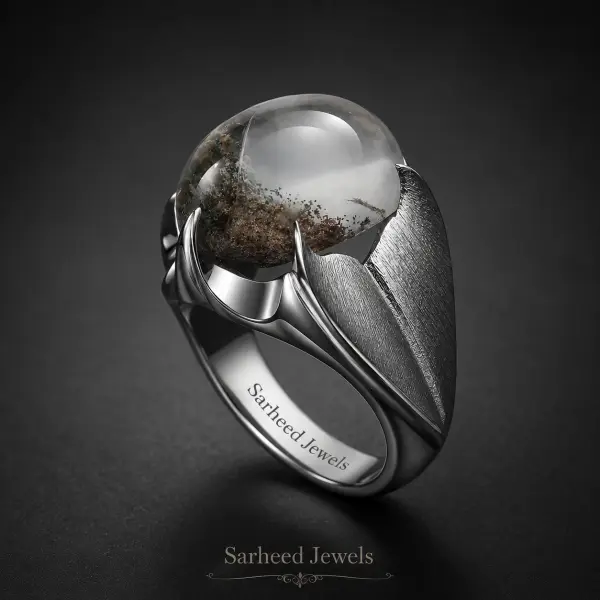 Natural Garden Quartz Silver Men Ring with Black Rhodium Plating image 0