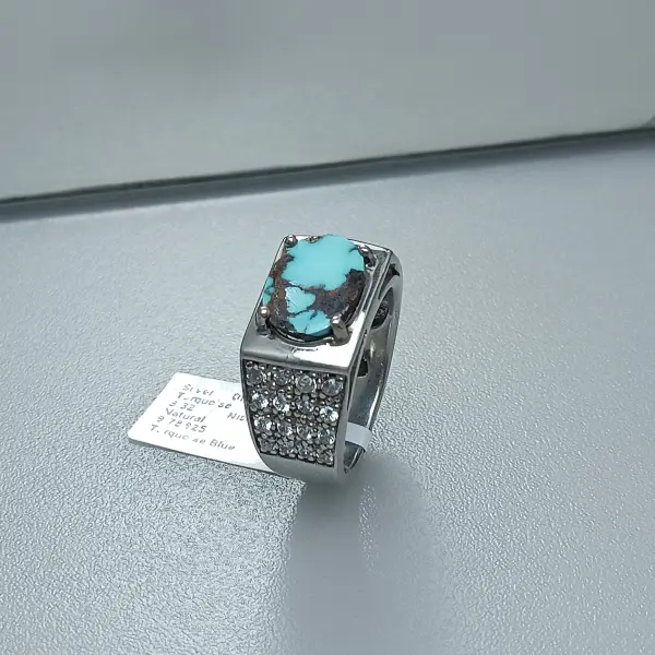 Natural 3.32 ct. Neyshabur Iran Turquoise & Cubic Zirconia Silver Ring image 1