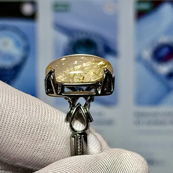 Natural Brazilian Golden Rutilated Quartz Black Rhodium-Plated Handmade Silver Men's Ring image 1