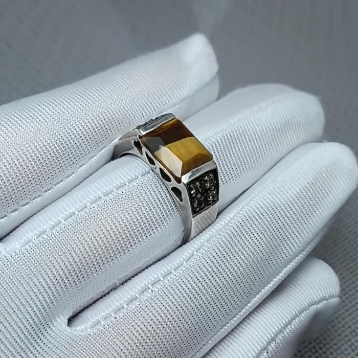 Natural 2.70 Ct. Indian Tiger's Eye & Natural Brown Diamonds Handmade Silver Men's Ring image 2