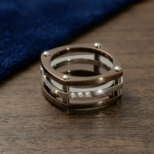 Dual-Tone Bronze & Silver | Steel Ring Square Pave image 1
