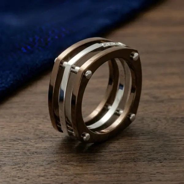 Dual-Tone Bronze & Silver | Steel Ring Square Pave image 2