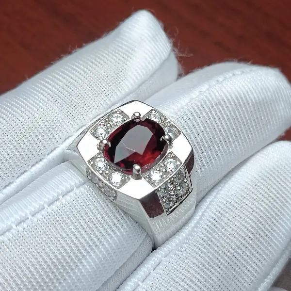 Natural Unheated Sri Lankan Red Garnet & White Cubic Zirconia Silver Men's Ring image 0