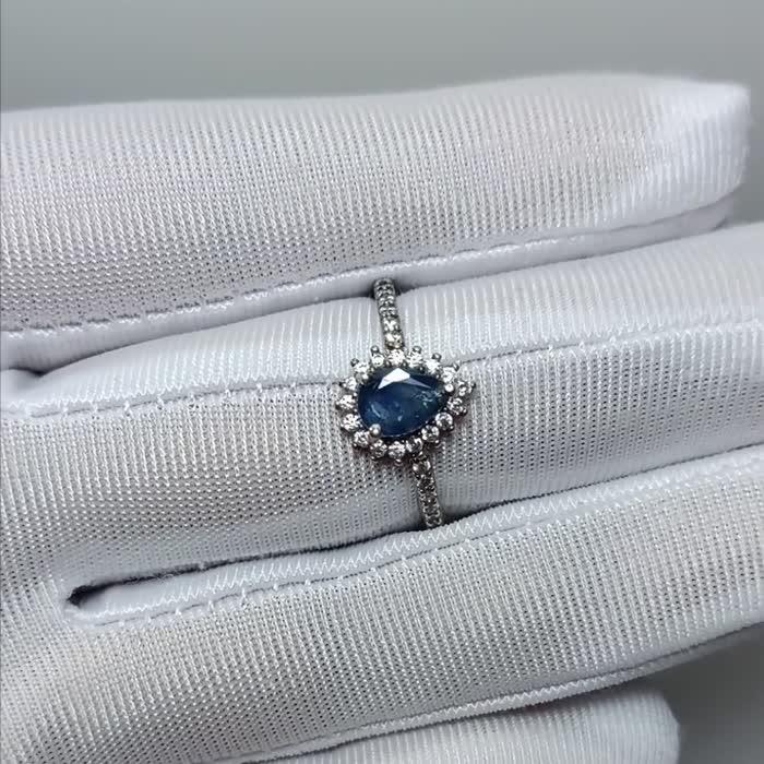 Natural Pear-Shaped Sri Lankan Blue Sapphire & White Cubic Zirconia Silver Women's Ring image 1