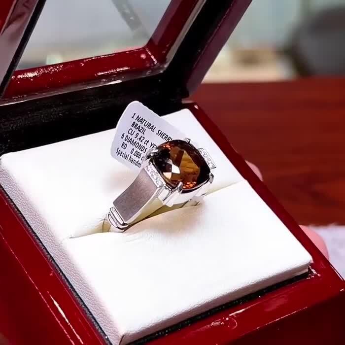 Natural Brazilian Sherry Topaz & Natural White Diamonds Handmade Silver Men's Ring image 1