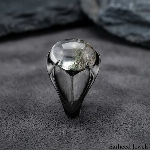 Natural Garden Quartz Silver Men Ring with Black Rhodium Plating image 1