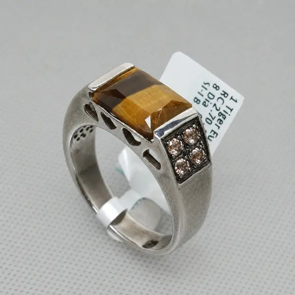 Natural 2.70 Ct. Indian Tiger's Eye & Natural Brown Diamonds Handmade Silver Men's Ring image 0