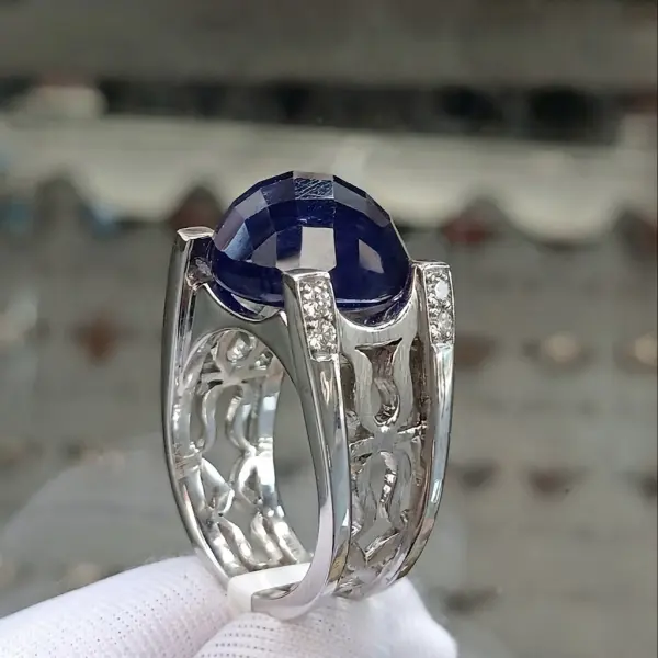 Natural 20.96 Ct. African Blue Sapphire & Natural White Diamonds Handmade Silver Men's Ring image 0
