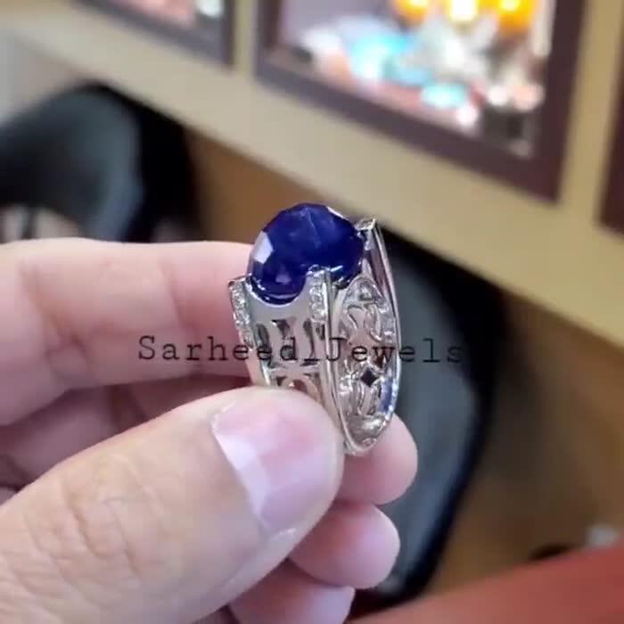 Natural 20.96 Ct. African Blue Sapphire & Natural White Diamonds Handmade Silver Men's Ring image 1