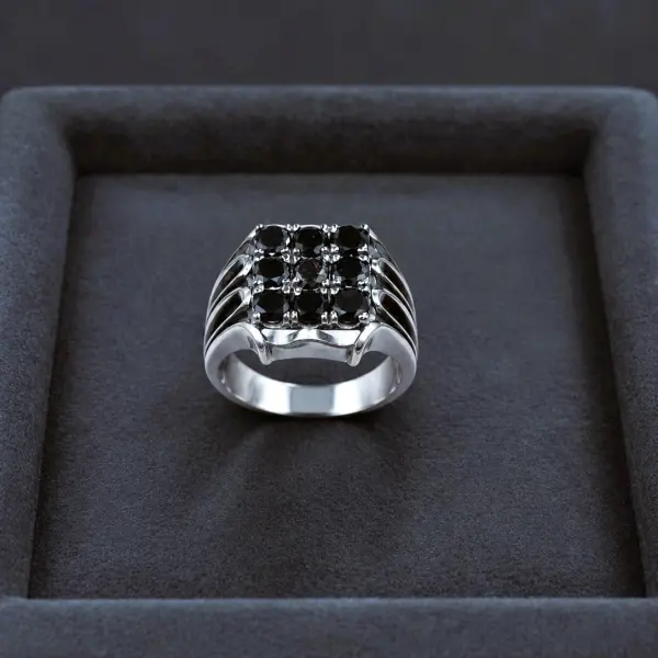 Natural Black Diamonds 1.69 Ct. Silver Men's Ring – 9 Diamonds image 0