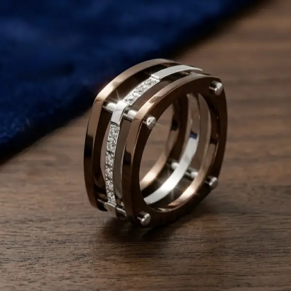 Dual-Tone Bronze & Silver | Steel Ring Square Pave image 0