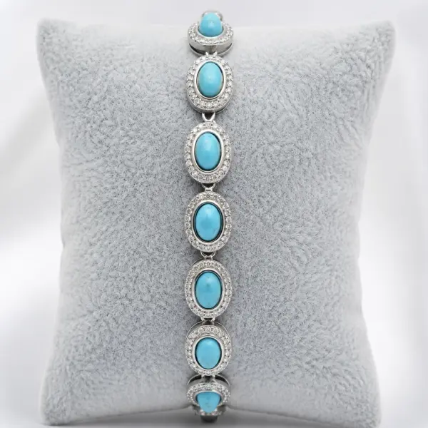 Natural Arizona Turquoise (8pcs)  Silver Women Bracelet with Cubic Zirconia  image 0