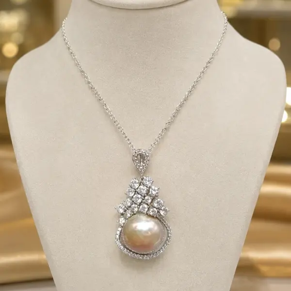 Natural Freshwater Cultured Baroque Pearl Necklace in 925 Sterling Silver with Cubic Zirconia image 0