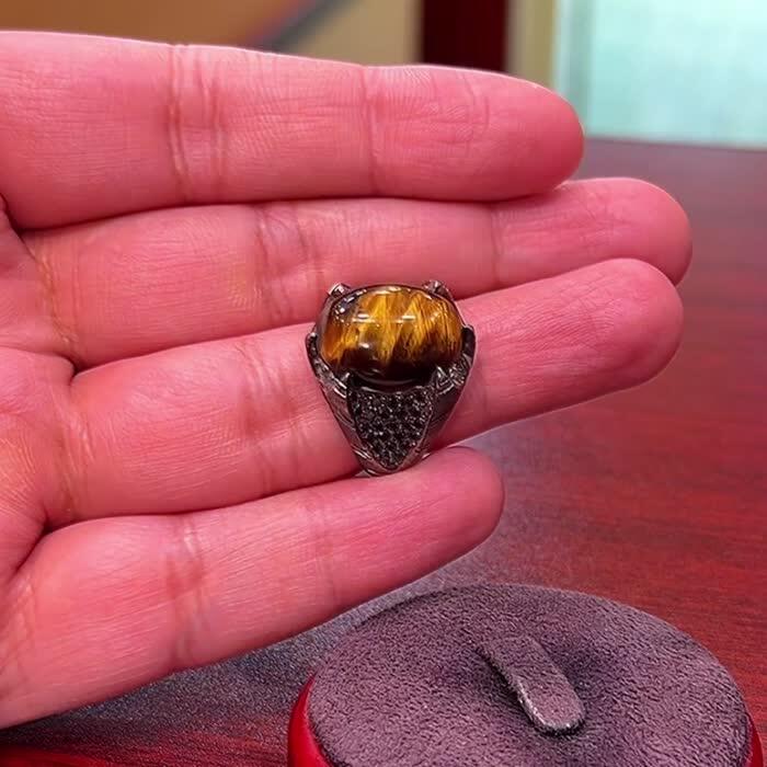Natural Brazilian Tiger's Eye & Black Cubic Zirconia Silver Ring - Black Rhodium Plated image 1