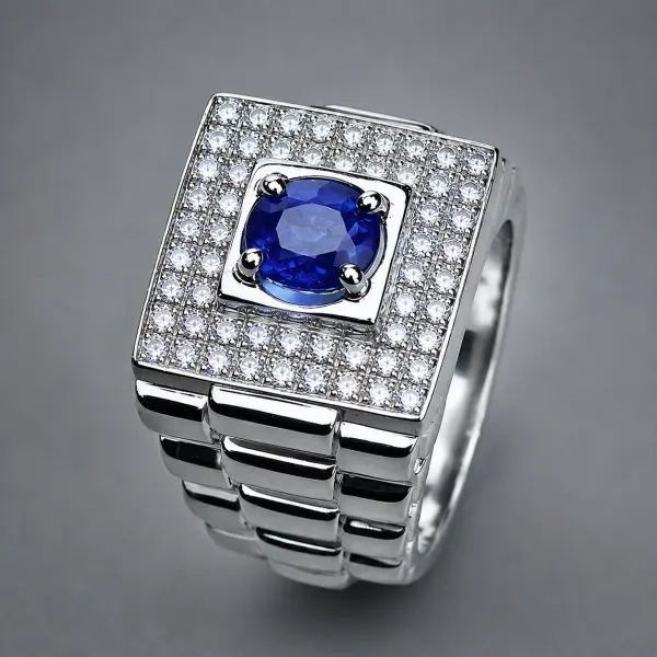 Natural 1.65 Ct. Sri Lankan Blue Sapphire & Cubic Zirconia Handmade Silver Men's Ring image 0