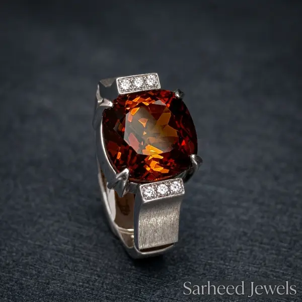 Natural Brazilian Sherry Topaz & Natural White Diamonds Handmade Silver Men's Ring image 0