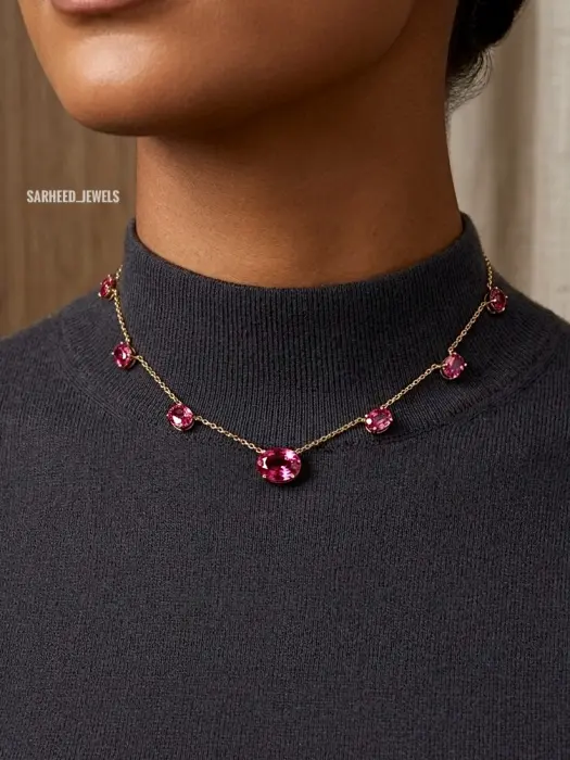 Natural 7 pcs. Pink Topaz 18K Yellow Gold Choker Necklace image 0
