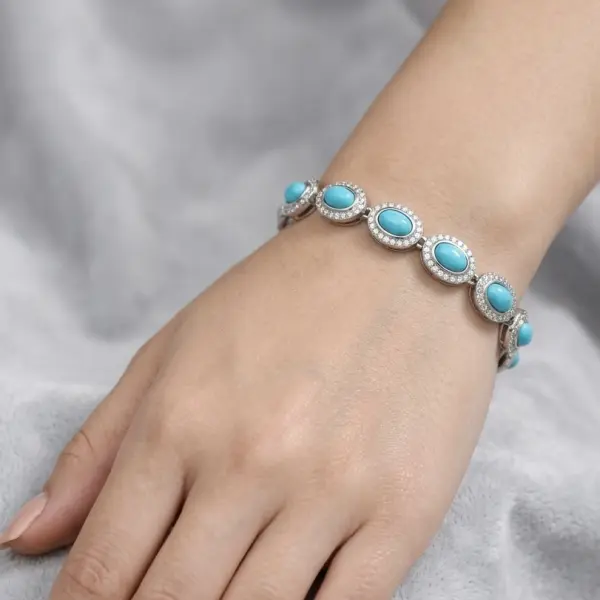 Natural Arizona Turquoise (8pcs)  Silver Women Bracelet with Cubic Zirconia  image 1