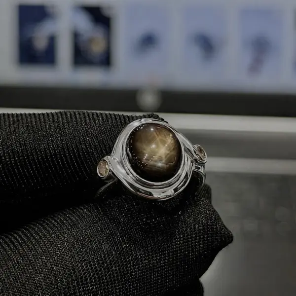 Natural Thailand Black Star Sapphire & Natural Brown Diamonds Handmade Silver Men's Ring image 0