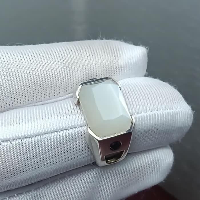 Natural 7.12 ct. Moonstone & Natural Black Diamonds Silver Men Ring image 1