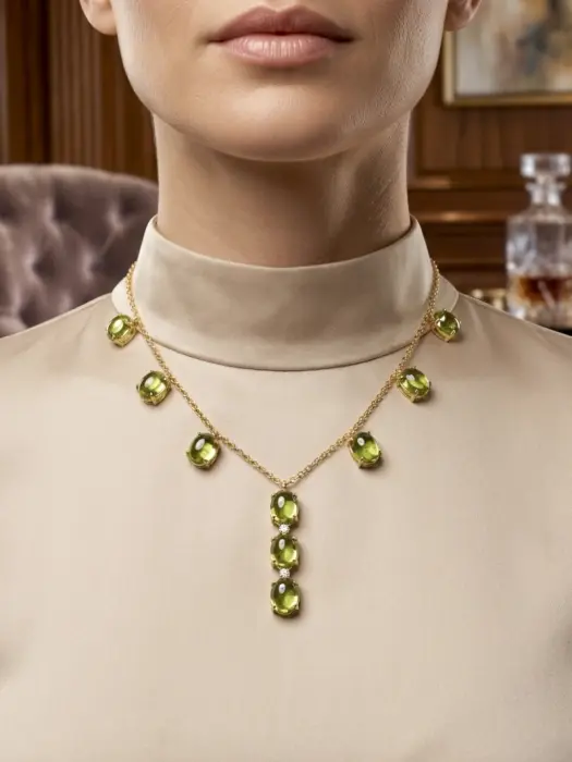Natural 9 pcs. Peridot Burma & Natural Diamonds 18K Yellow Gold Women's Necklace image 1