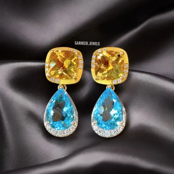 Natural Blue Topaz, Natural Citrine & Natural Diamonds 18K Yellow Gold Earrings image 0