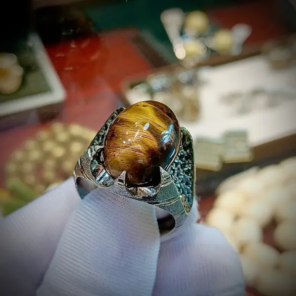Natural Brazilian Tiger's Eye & Black Cubic Zirconia Silver Ring - Black Rhodium Plated image 0